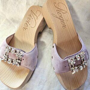 Roger Vivier NWOT lilac suede crystal jewelled wooden clogs mules Italy sz 38
